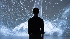 Silhouette of a person standing in front of a lights display.